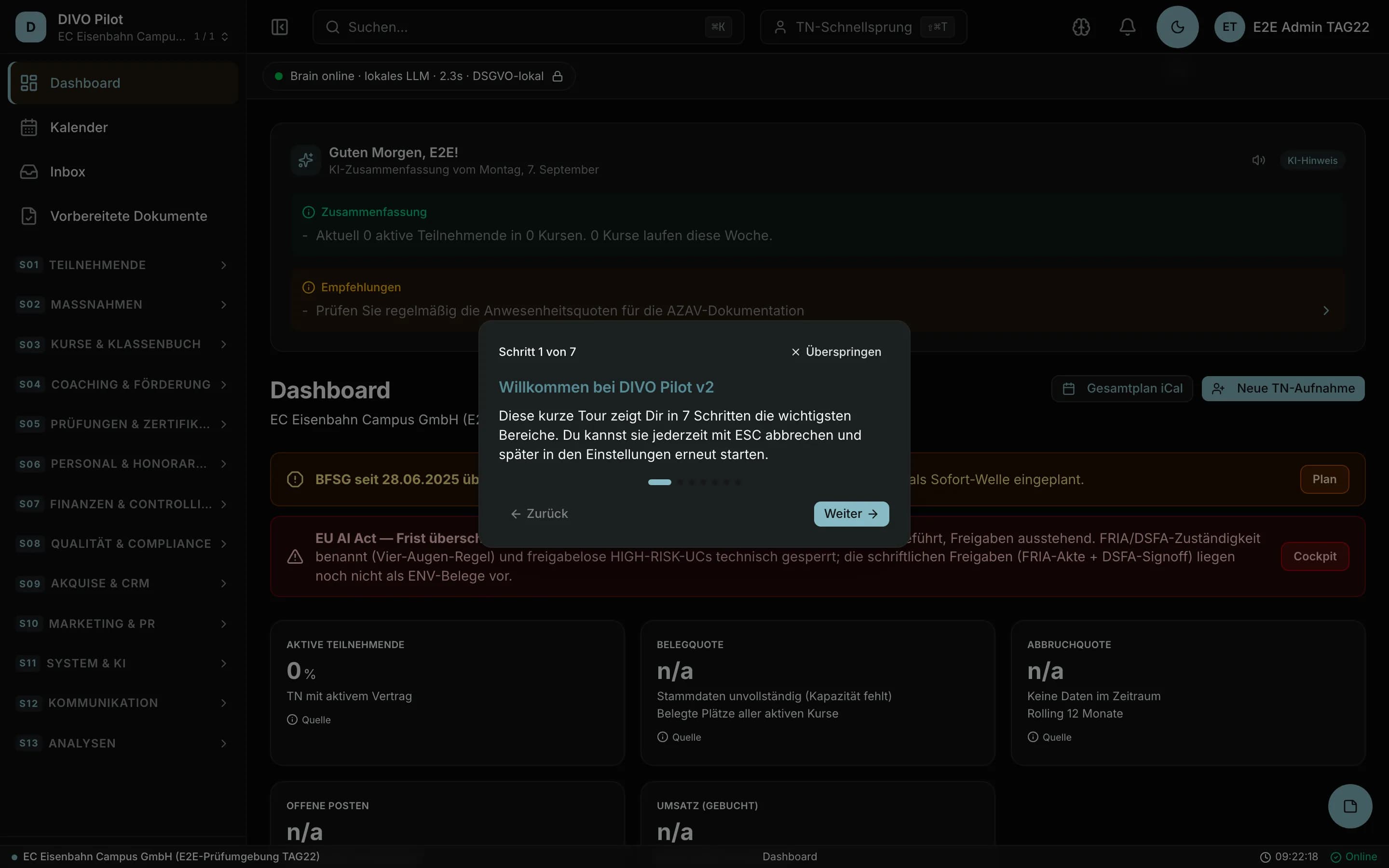 DIVO Pilot-Dashboard in der Demo-Ansicht: leere KPI-Kacheln und Navigationsbereiche ohne echte Daten